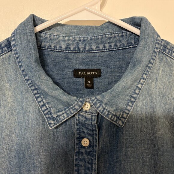 Talbots Women's Classic Blue Chambray Denim Button-Front Tab-Sleeve Shirt Top XL - Picture 4 of 11